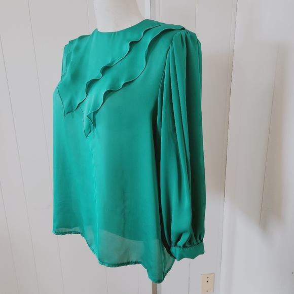 Vintage 70s Dressy Sheer Green Blouse Business Office Party Academia Preppy - Picture 3 of 13
